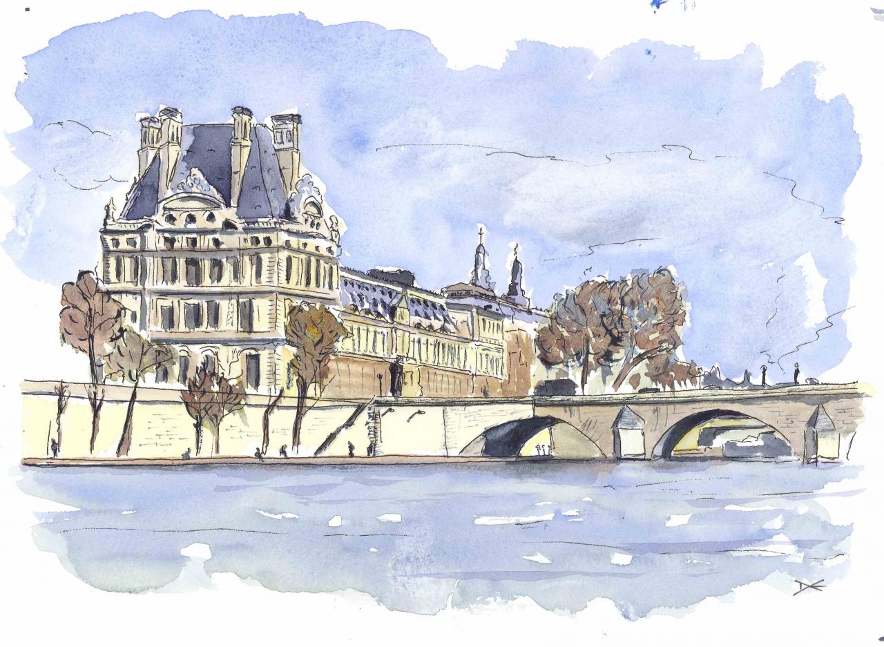 Le Louvre - Pavillon de Flore - Aquarelle - A4