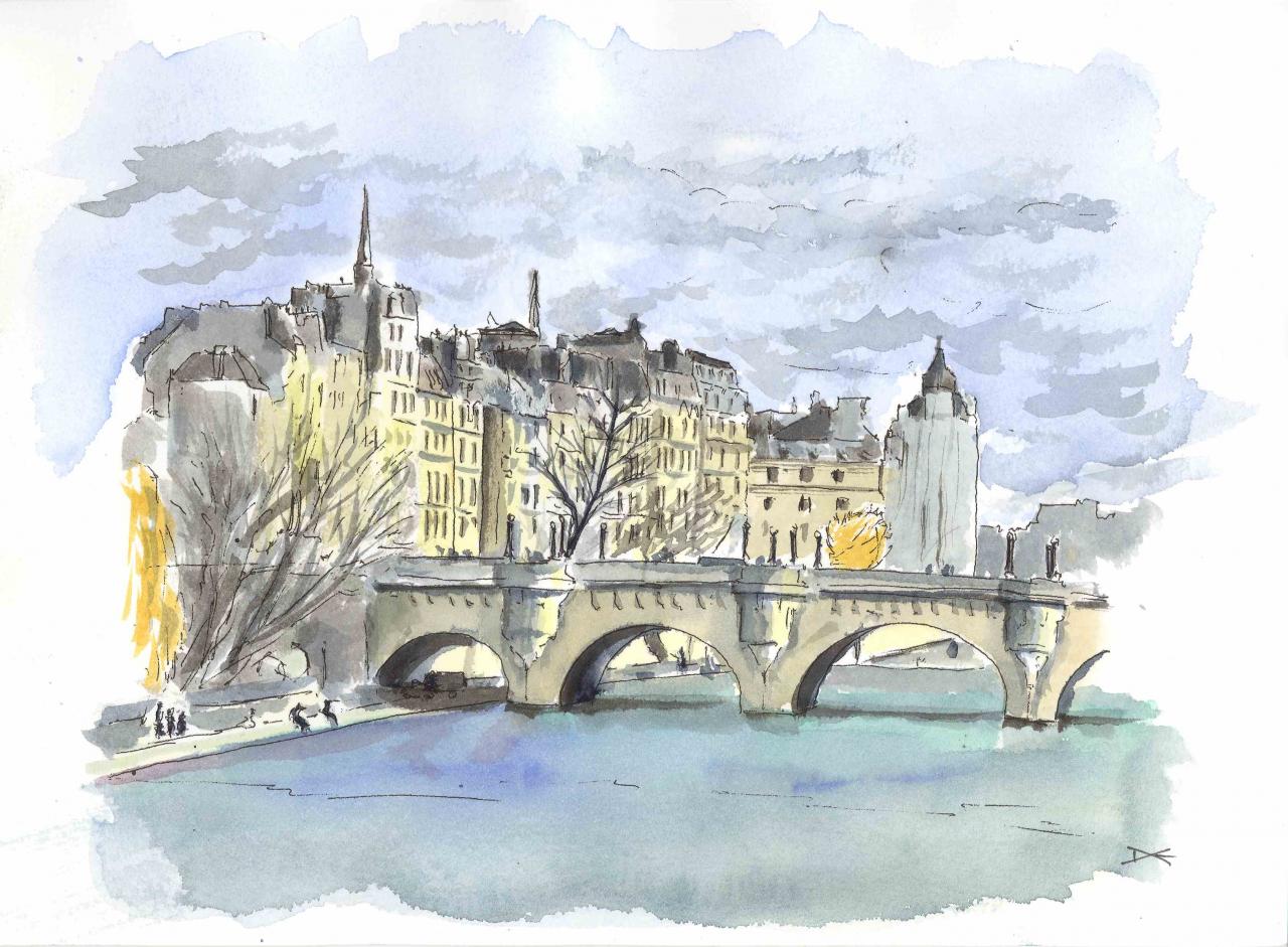 Le Pont Neuf rive gauche - Aquarelle - A4